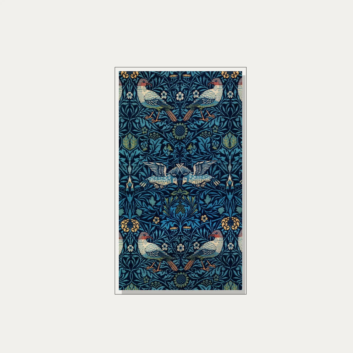 Intricate Arts and Crafts style navy blue woven pattern featuring stylized birds among leaves and small flowers. — floater frame preview | PrintPosters.in