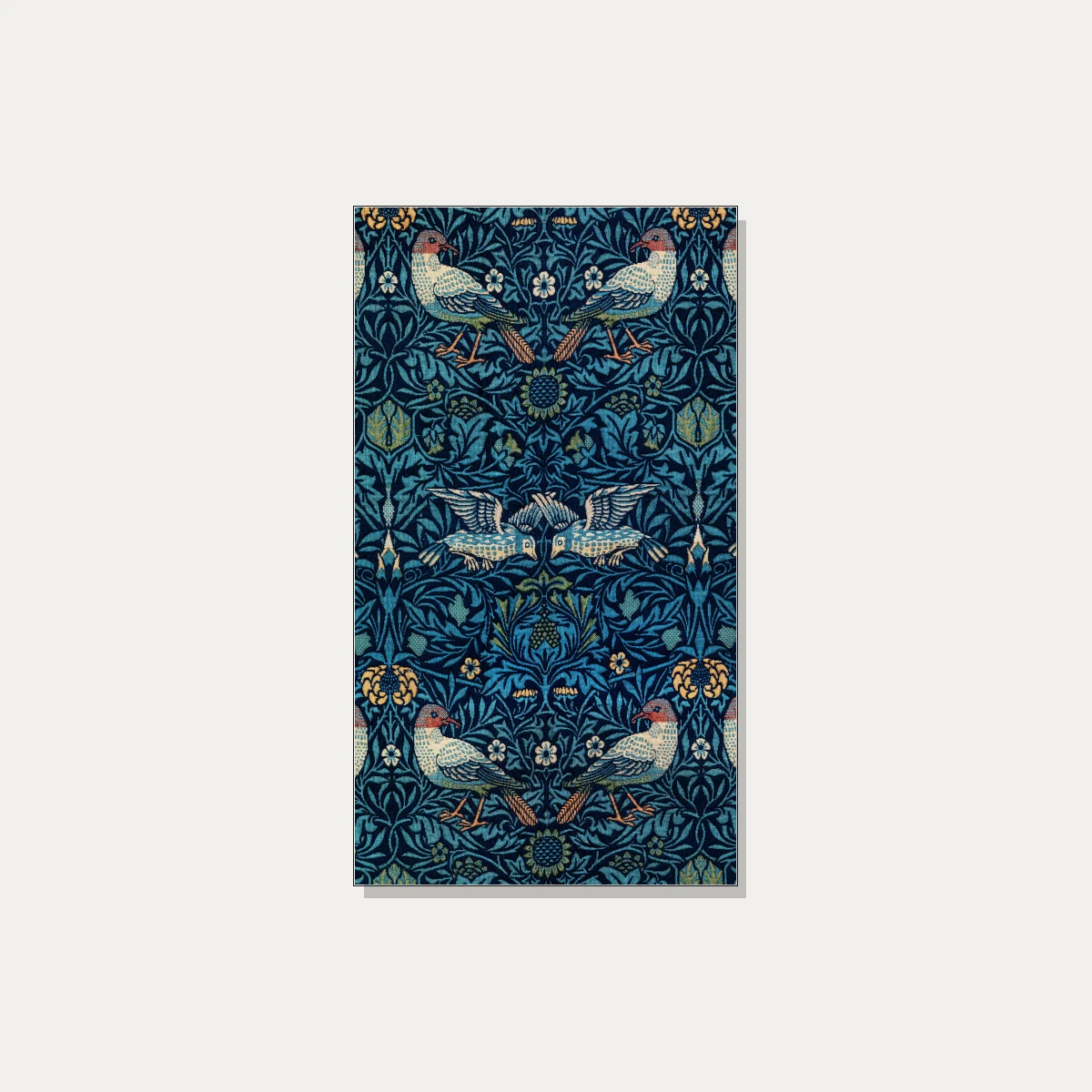 Intricate Arts and Crafts style navy blue woven pattern featuring stylized birds among leaves and small flowers. | PrintPosters.in