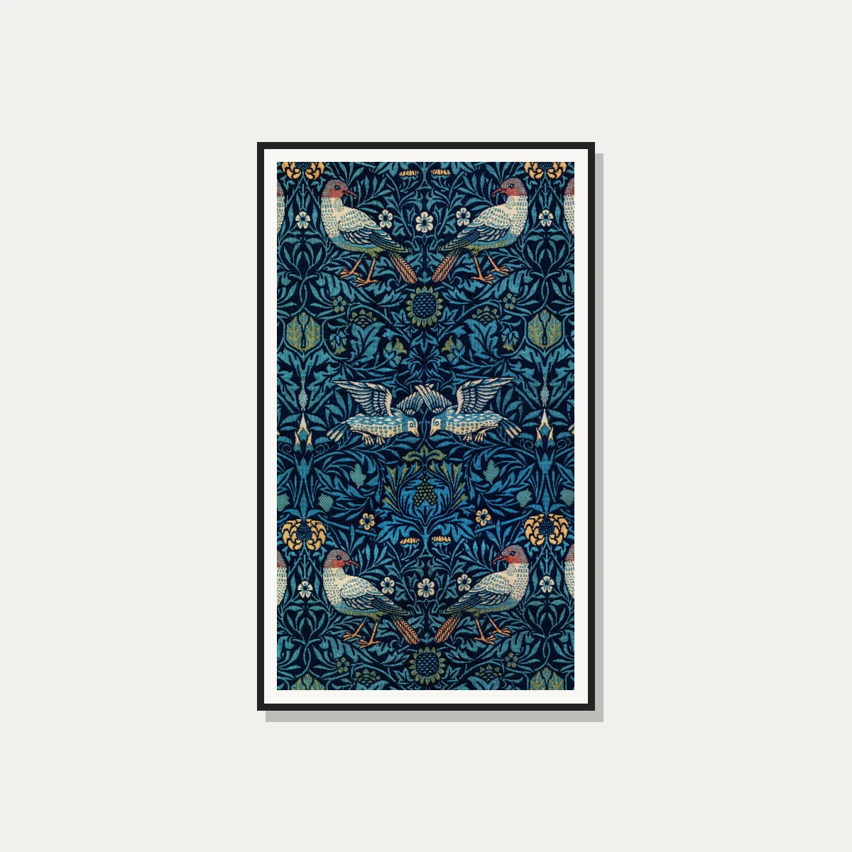 Intricate Arts and Crafts style navy blue woven pattern featuring stylized birds among leaves and small flowers. — photo frame preview | PrintPosters.in