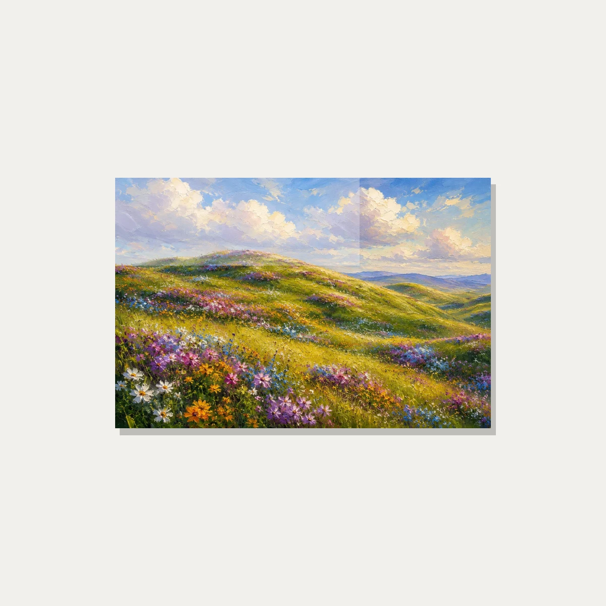 Impasto oil style painting of sun-drenched green rolling hills blanketed in colorful wildflowers under a blue sky. — acrylic preview | PrintPosters.in