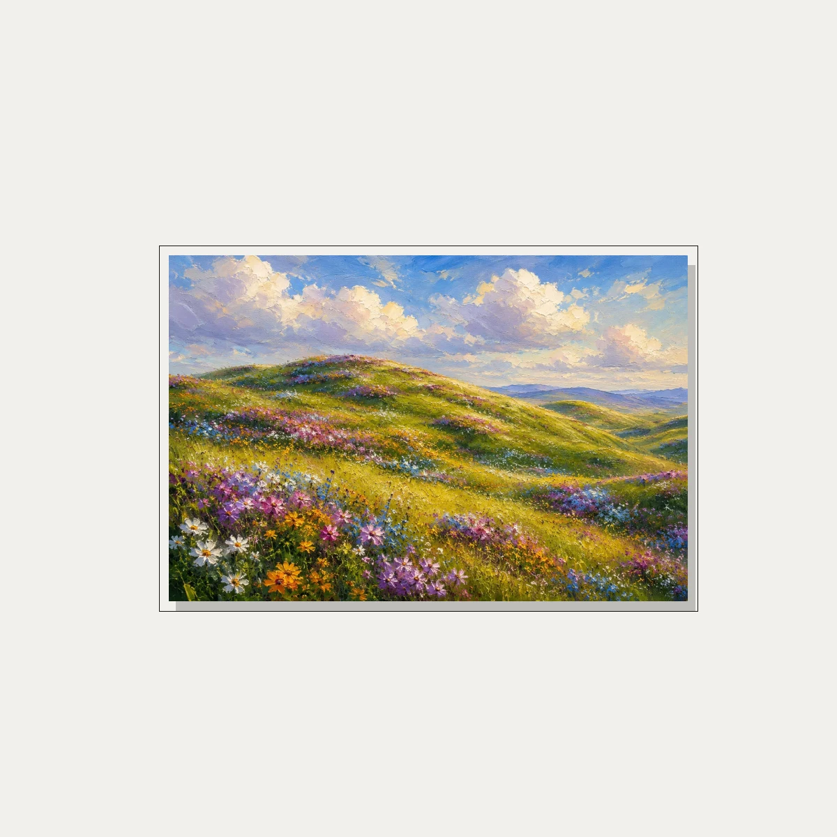 Impasto oil style painting of sun-drenched green rolling hills blanketed in colorful wildflowers under a blue sky. — floater frame preview | PrintPosters.in