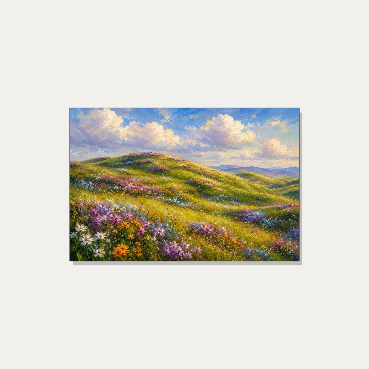 Impasto oil style painting of sun-drenched green rolling hills blanketed in colorful wildflowers under a blue sky. | PrintPosters.in