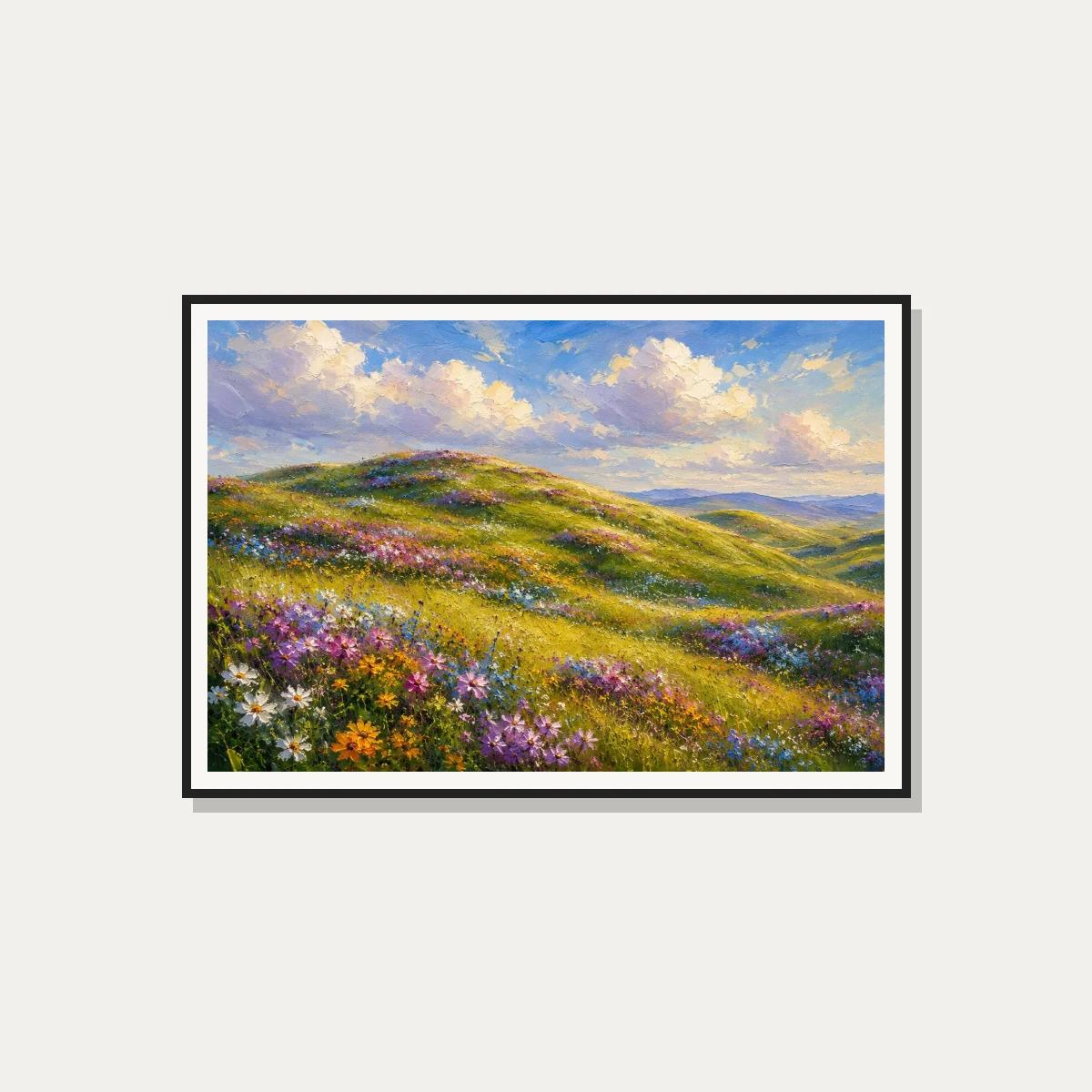 Impasto oil style painting of sun-drenched green rolling hills blanketed in colorful wildflowers under a blue sky. — photo frame preview | PrintPosters.in