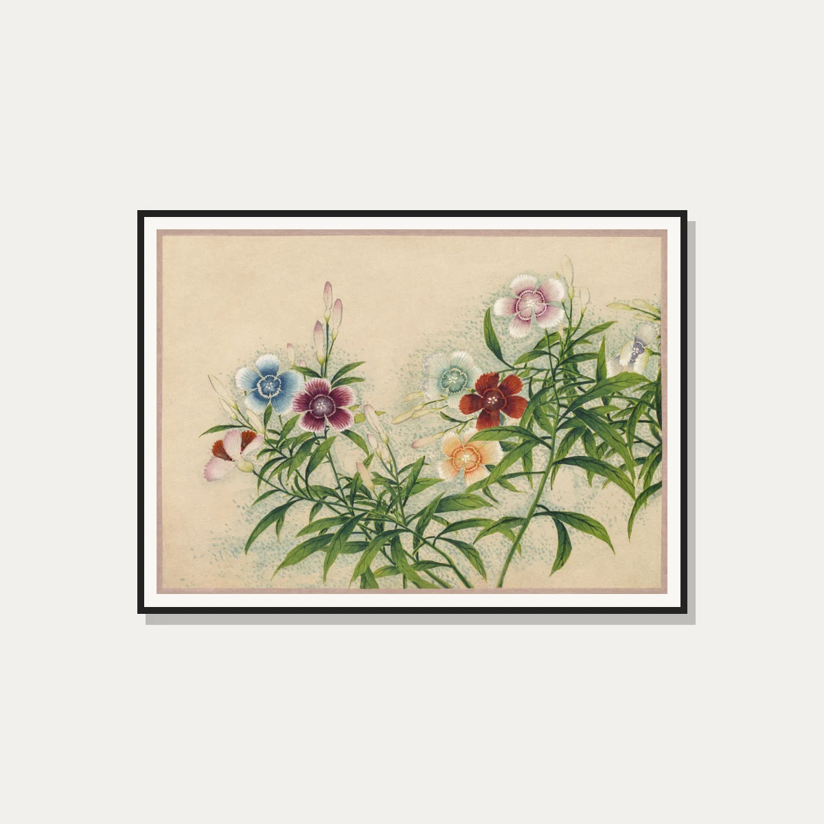 Vintage botanical watercolor painting of Dianthus flowers in soft blue, red, peach, and pink on beige paper. — photo frame preview | PrintPosters.in