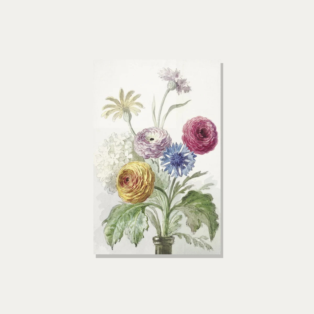 Vintage watercolor painting of a colorful spring flower bouquet in a slender glass vase on a neutral background. — acrylic preview | PrintPosters.in