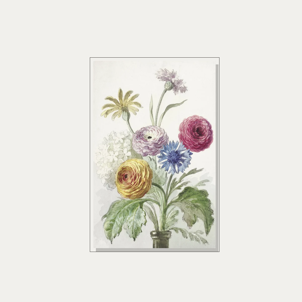 Vintage watercolor painting of a colorful spring flower bouquet in a slender glass vase on a neutral background. — floater frame preview | PrintPosters.in