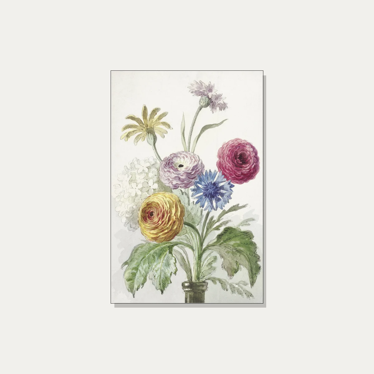 Vintage watercolor painting of a colorful spring flower bouquet in a slender glass vase on a neutral background. | PrintPosters.in