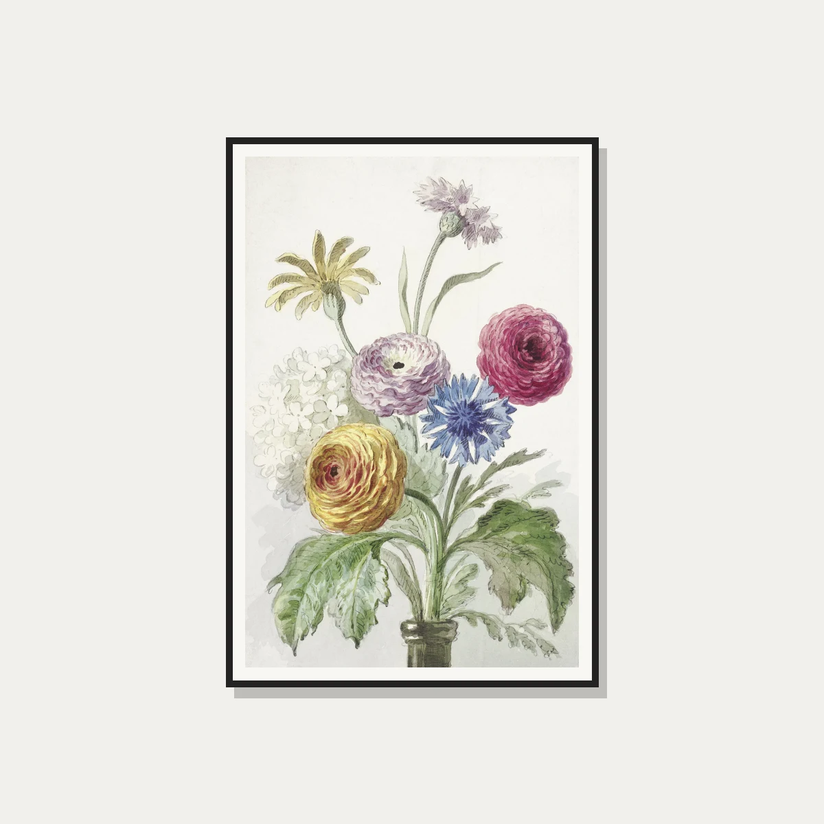 Vintage watercolor painting of a colorful spring flower bouquet in a slender glass vase on a neutral background. — photo frame preview | PrintPosters.in