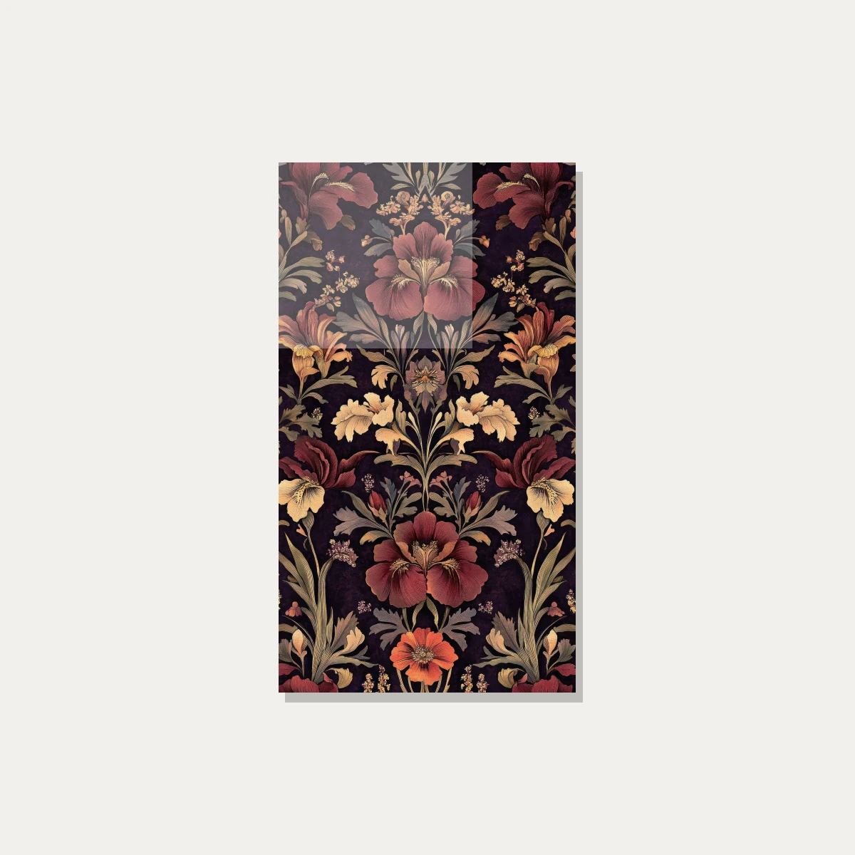 A vertical dark academia botanical pattern with rich burgundy irises and warm gold accent flowers on a dark purple backdrop. — acrylic preview | PrintPosters.in