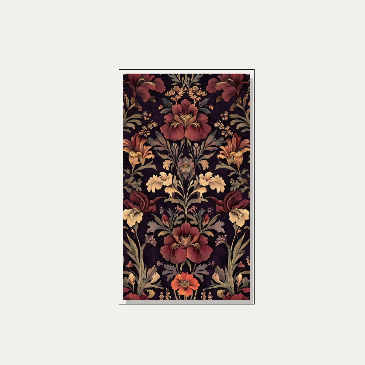 A vertical dark academia botanical pattern with rich burgundy irises and warm gold accent flowers on a dark purple backdrop. — floater frame preview | PrintPosters.in