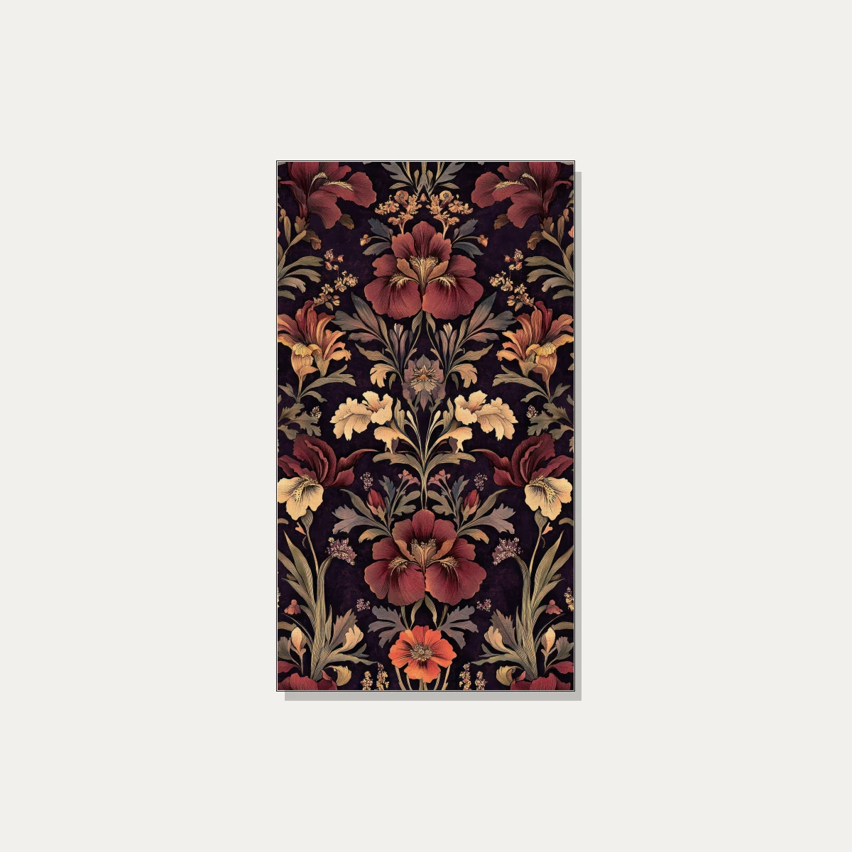 A vertical dark academia botanical pattern with rich burgundy irises and warm gold accent flowers on a dark purple backdrop. | PrintPosters.in