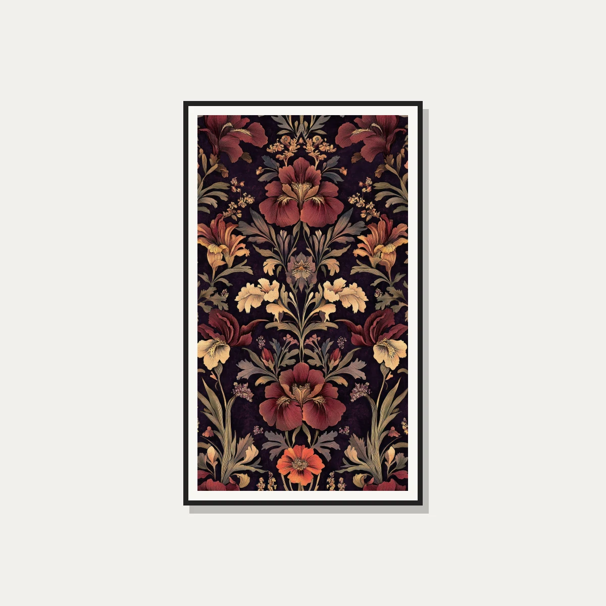 A vertical dark academia botanical pattern with rich burgundy irises and warm gold accent flowers on a dark purple backdrop. — photo frame preview | PrintPosters.in