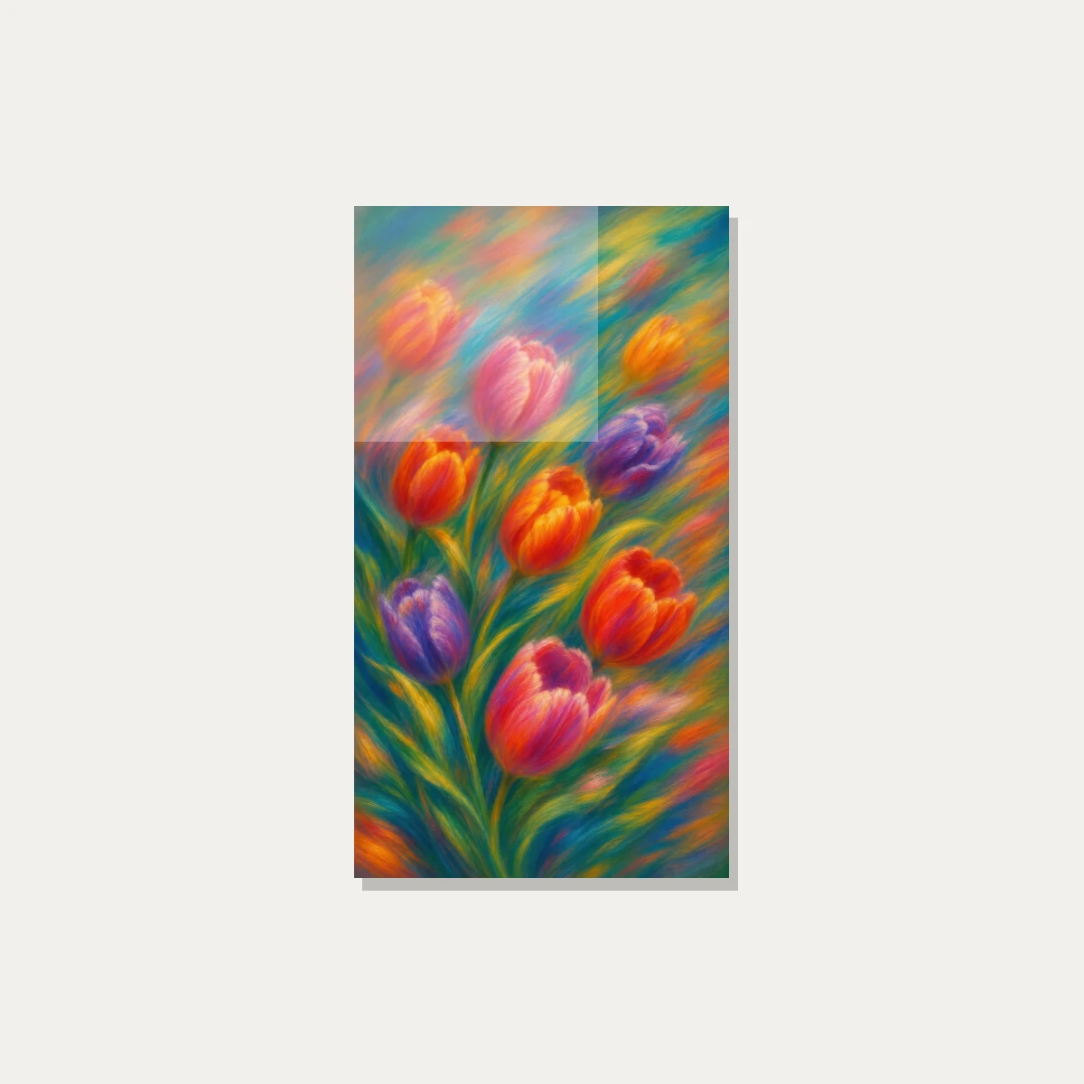 Impressionistic painting of vibrant red, orange, pink, and purple tulips with sweeping, colorful brushstrokes. — acrylic preview | PrintPosters.in