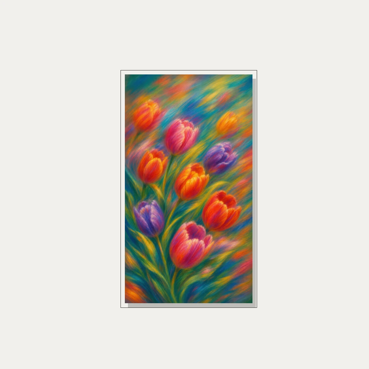 Impressionistic painting of vibrant red, orange, pink, and purple tulips with sweeping, colorful brushstrokes. — floater frame preview | PrintPosters.in