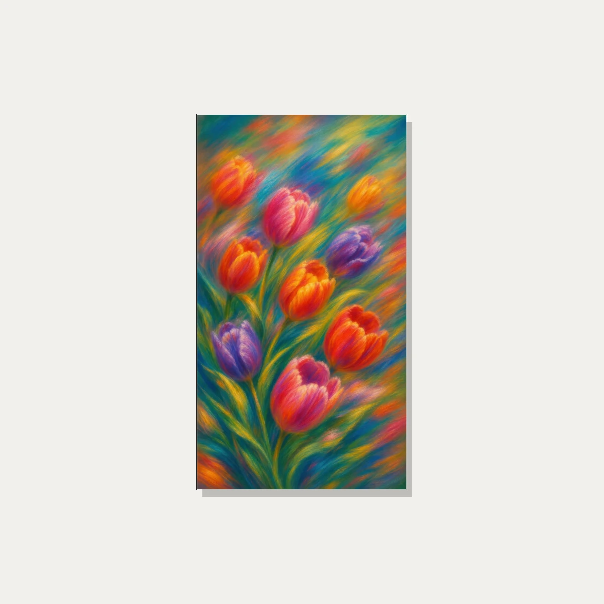 Impressionistic painting of vibrant red, orange, pink, and purple tulips with sweeping, colorful brushstrokes. | PrintPosters.in
