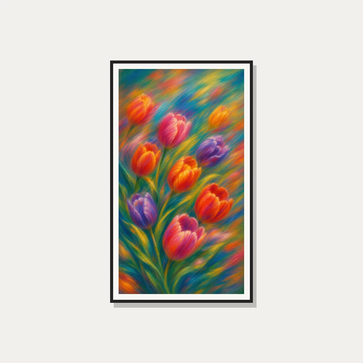 Impressionistic painting of vibrant red, orange, pink, and purple tulips with sweeping, colorful brushstrokes. — photo frame preview | PrintPosters.in