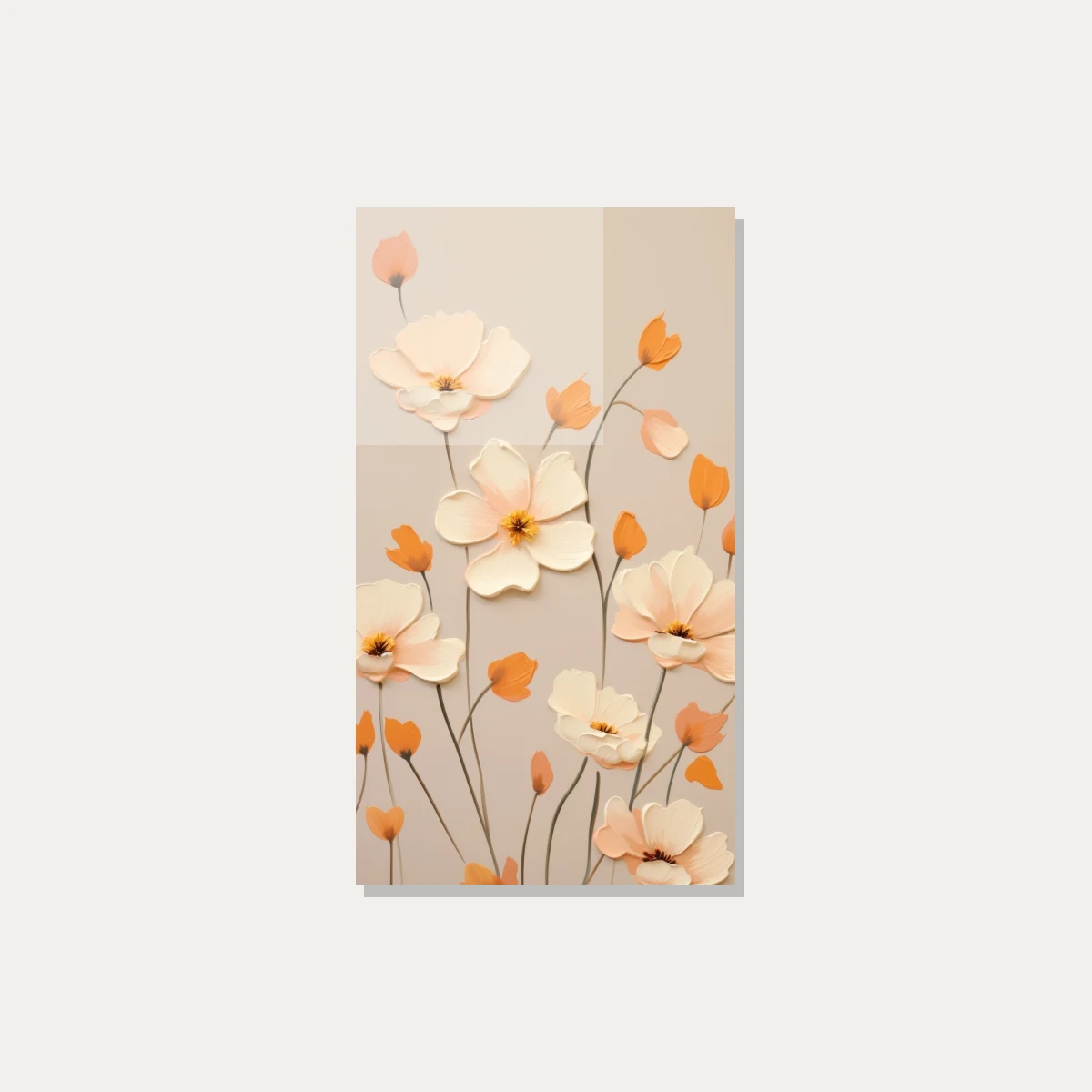 3D impasto styled soft peach and cream flower blossoms with thin dark stems on a warm beige background. — acrylic preview | PrintPosters.in