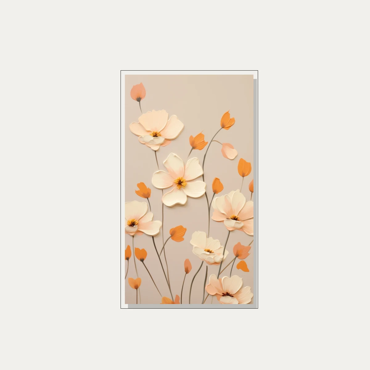 3D impasto styled soft peach and cream flower blossoms with thin dark stems on a warm beige background. — floater frame preview | PrintPosters.in