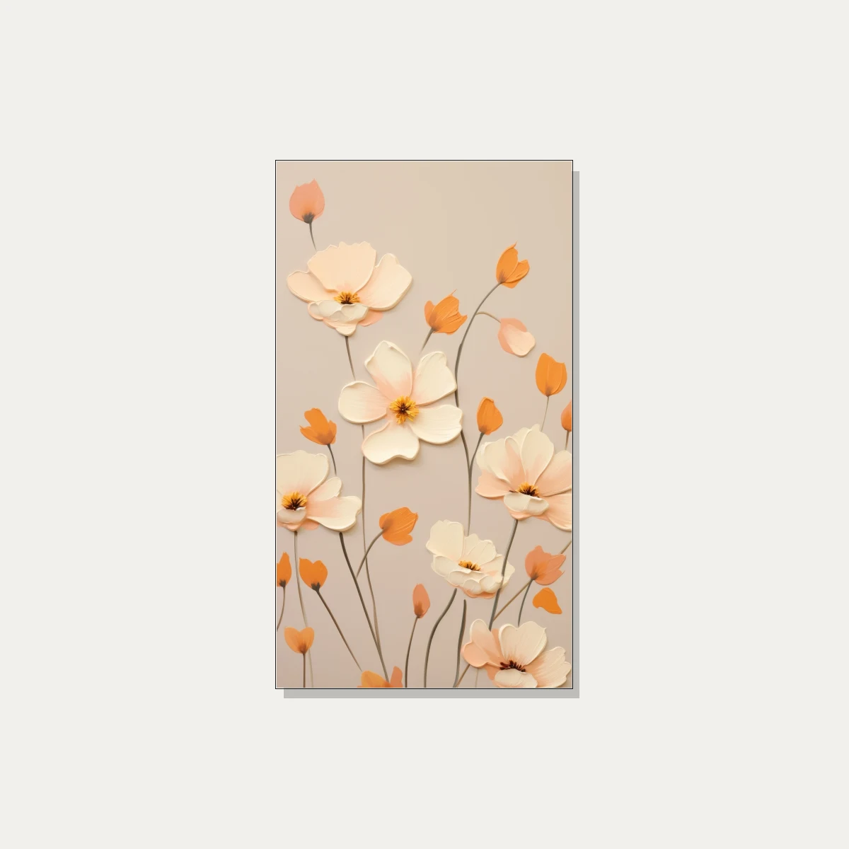 3D impasto styled soft peach and cream flower blossoms with thin dark stems on a warm beige background. | PrintPosters.in