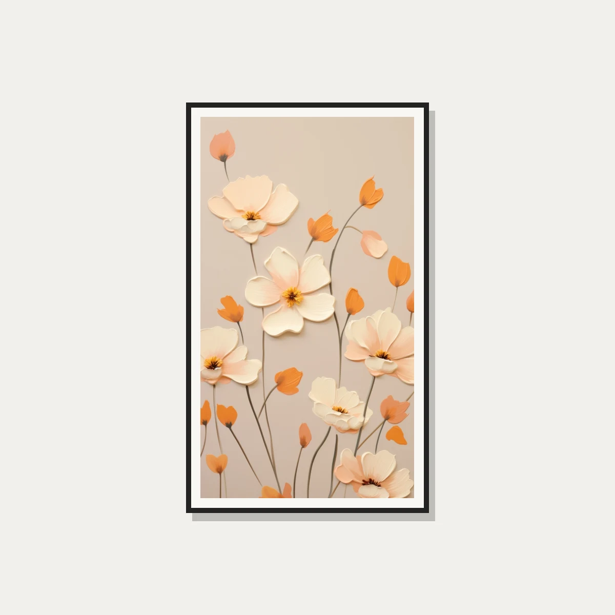 3D impasto styled soft peach and cream flower blossoms with thin dark stems on a warm beige background. — photo frame preview | PrintPosters.in