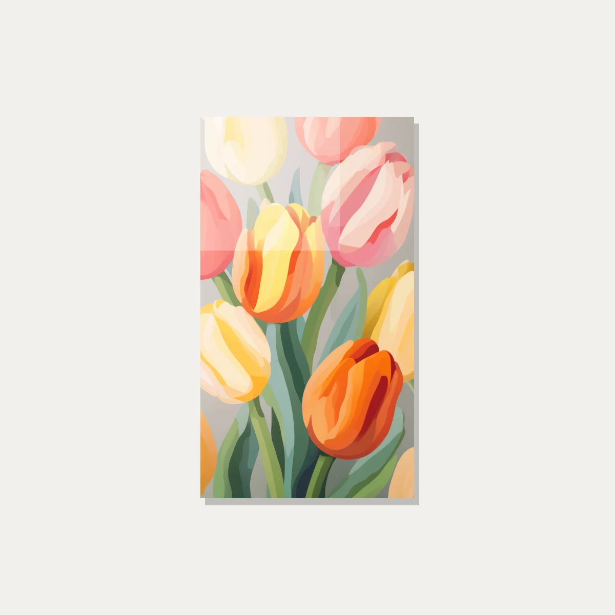 A stylized vertical vector illustration of colorful pastel tulips in orange, yellow, pink, and cream with green leaves. — acrylic preview | PrintPosters.in