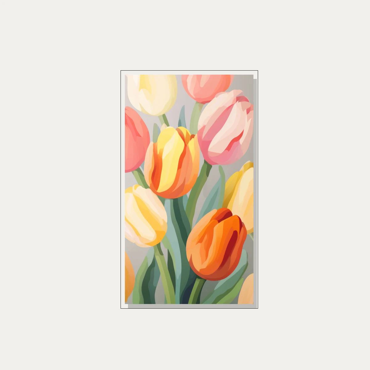 A stylized vertical vector illustration of colorful pastel tulips in orange, yellow, pink, and cream with green leaves. — floater frame preview | PrintPosters.in
