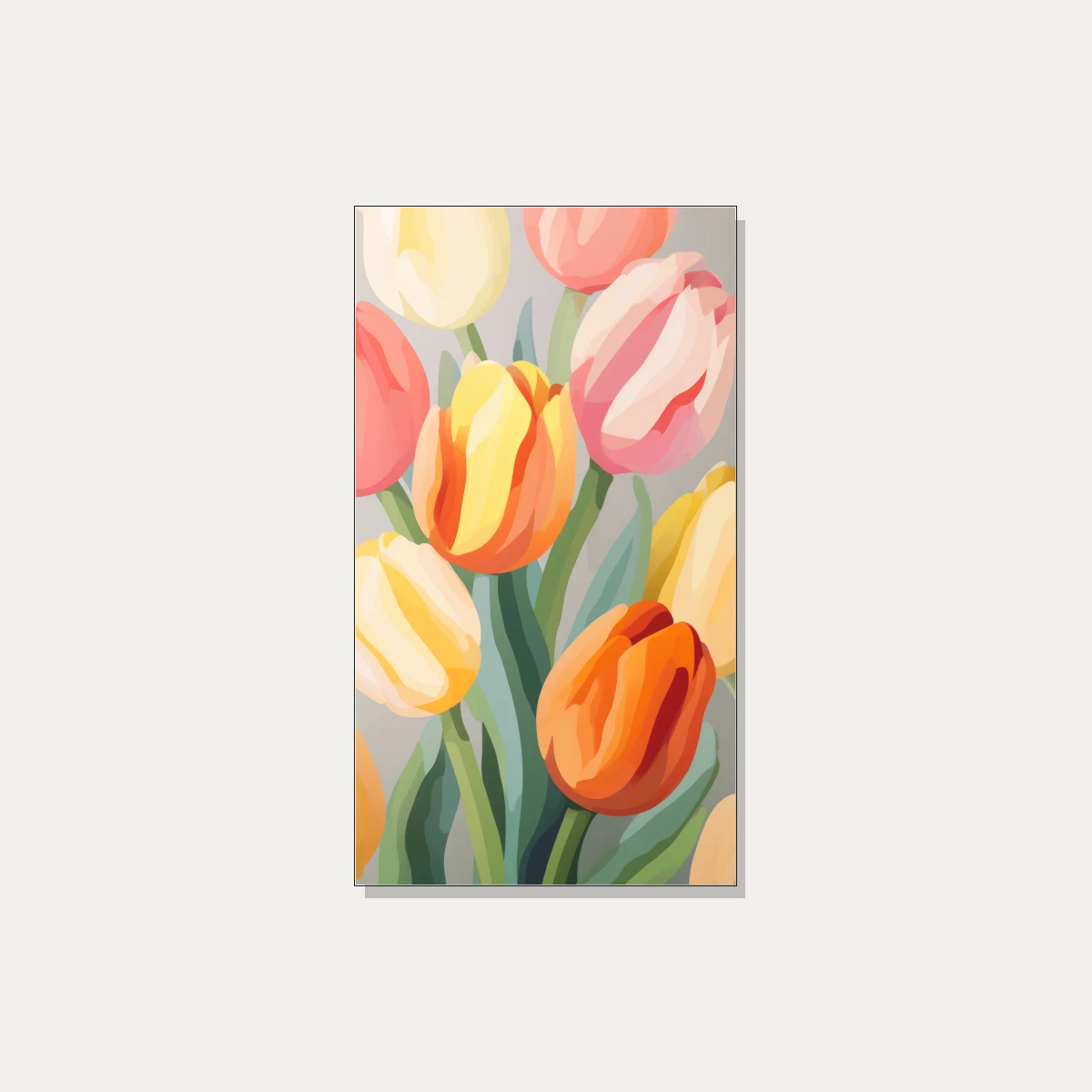 A stylized vertical vector illustration of colorful pastel tulips in orange, yellow, pink, and cream with green leaves. | PrintPosters.in