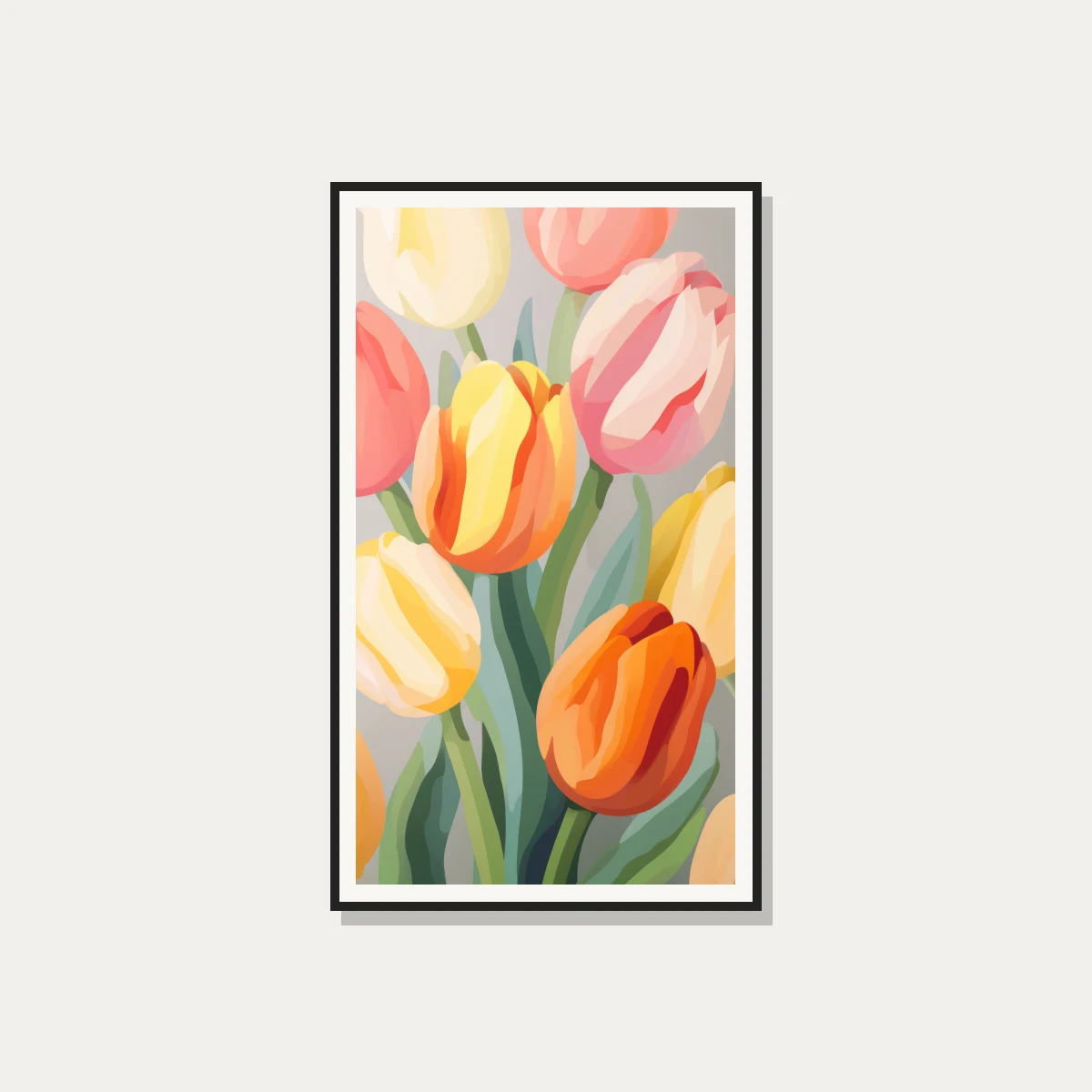 A stylized vertical vector illustration of colorful pastel tulips in orange, yellow, pink, and cream with green leaves. — photo frame preview | PrintPosters.in