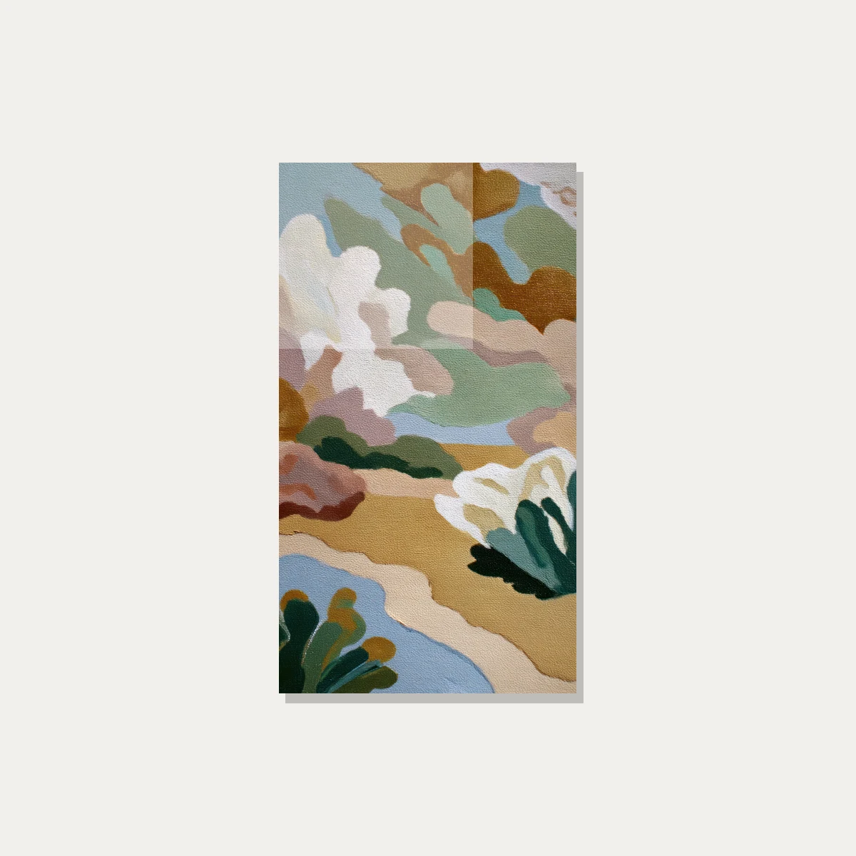 Abstract artwork featuring contoured organic shapes in sage green, terracotta, mustard ochre, dusty pink, and sky blue. — acrylic preview | PrintPosters.in