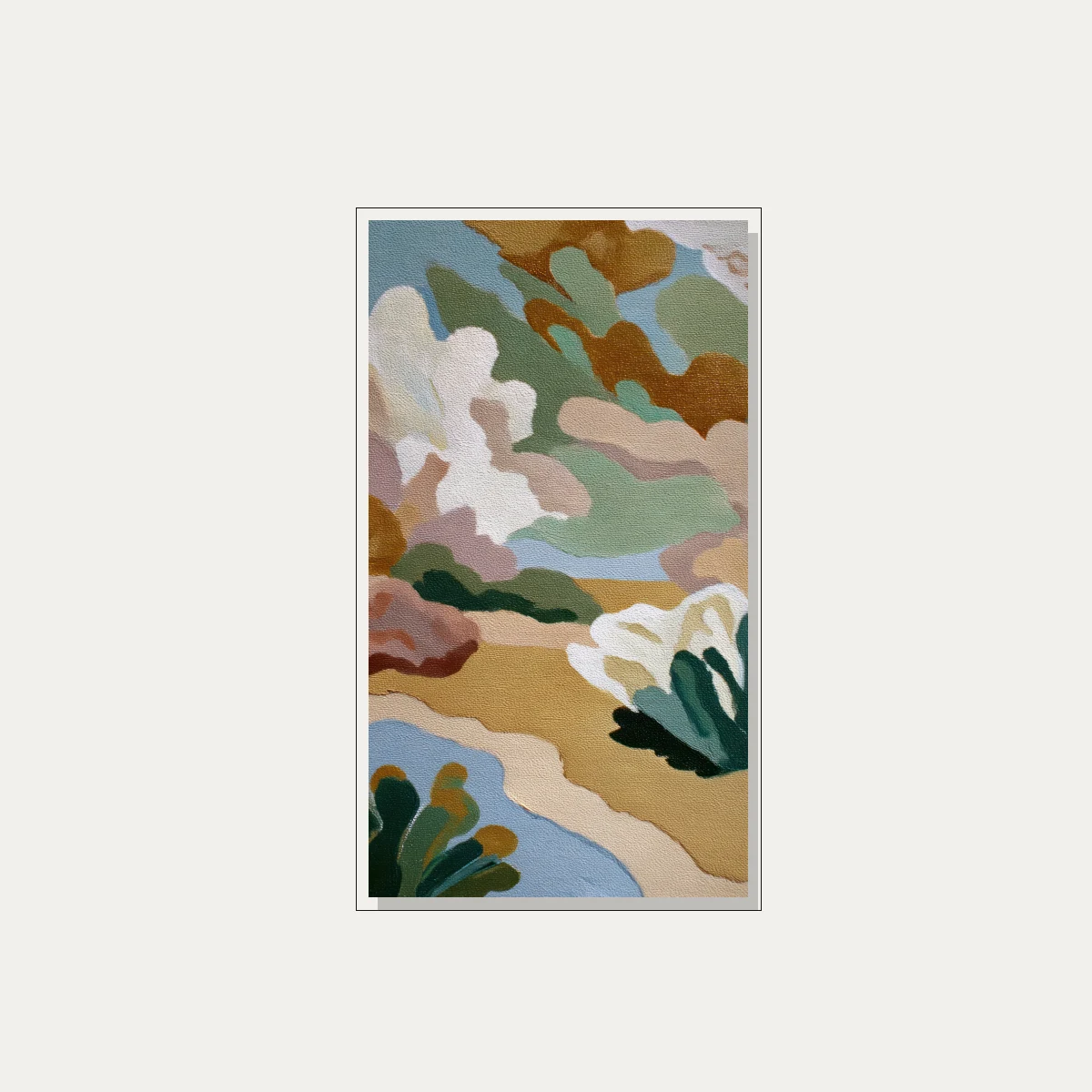 Abstract artwork featuring contoured organic shapes in sage green, terracotta, mustard ochre, dusty pink, and sky blue. — floater frame preview | PrintPosters.in