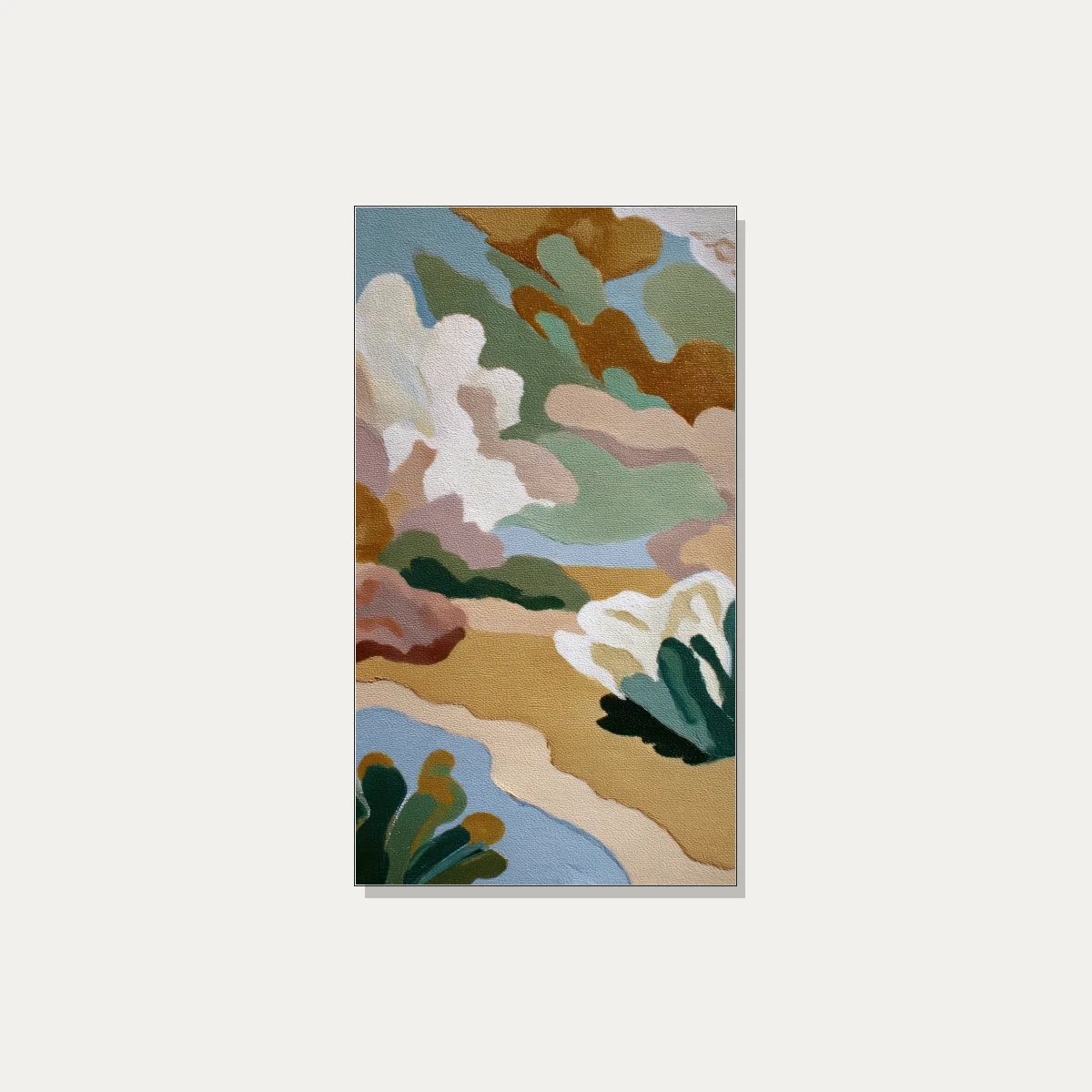 Abstract artwork featuring contoured organic shapes in sage green, terracotta, mustard ochre, dusty pink, and sky blue. | PrintPosters.in