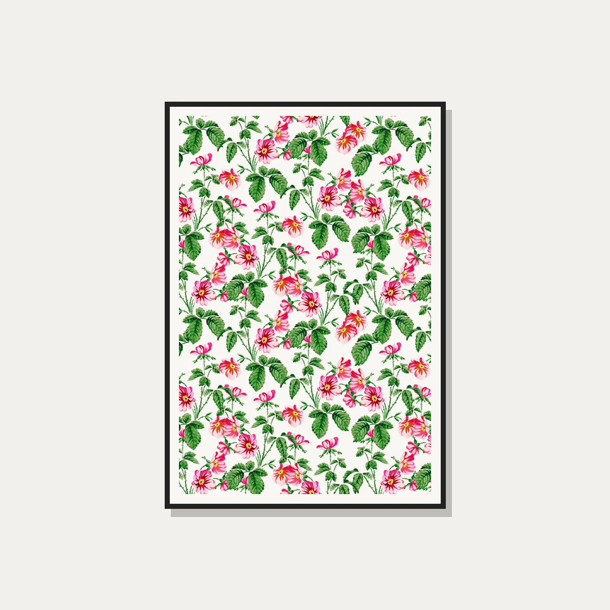 Vintage botanical pattern illustration of vibrant pink roses with green leaves on a rich black background. — photo frame preview | PrintPosters.in