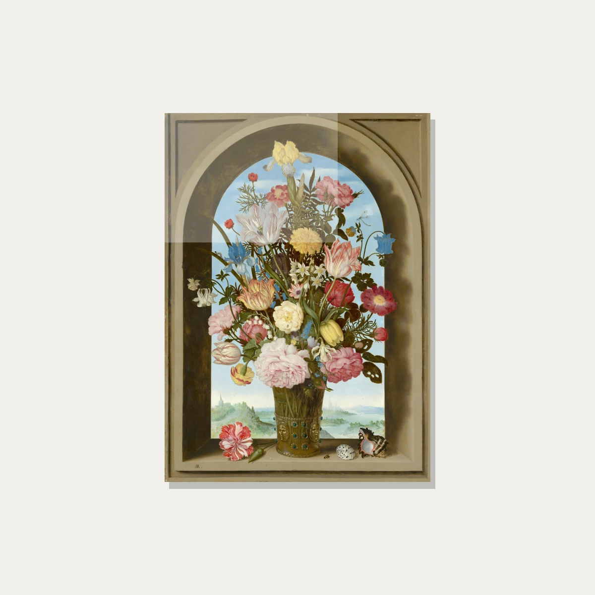 A detailed 17th-century Dutch still life painting of colorful flowers in a decorated vase inside a stone window niche. — acrylic preview | PrintPosters.in