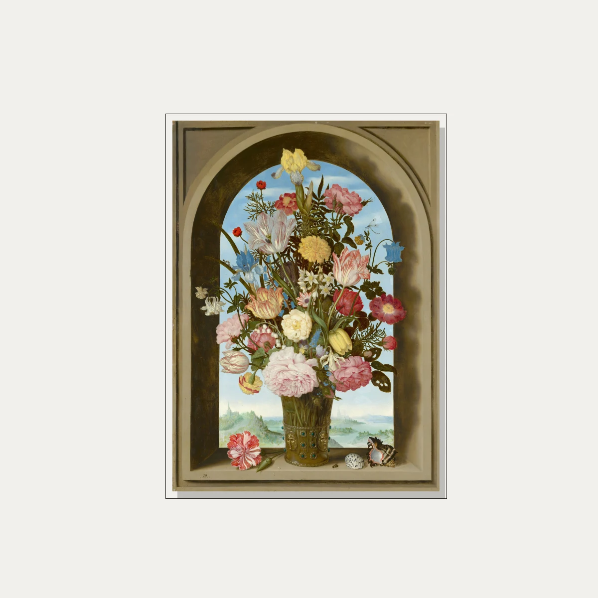 A detailed 17th-century Dutch still life painting of colorful flowers in a decorated vase inside a stone window niche. — floater frame preview | PrintPosters.in