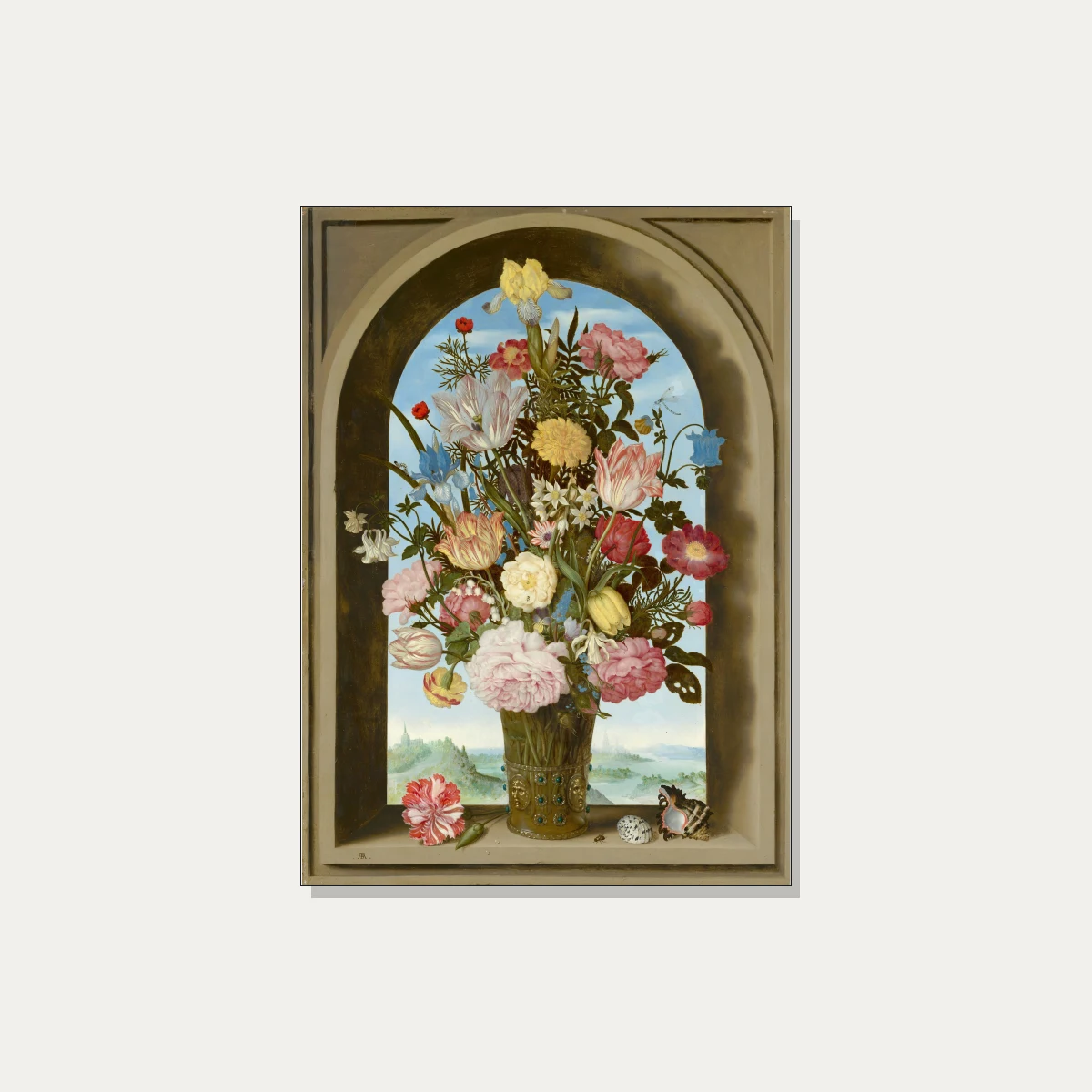 A detailed 17th-century Dutch still life painting of colorful flowers in a decorated vase inside a stone window niche. | PrintPosters.in