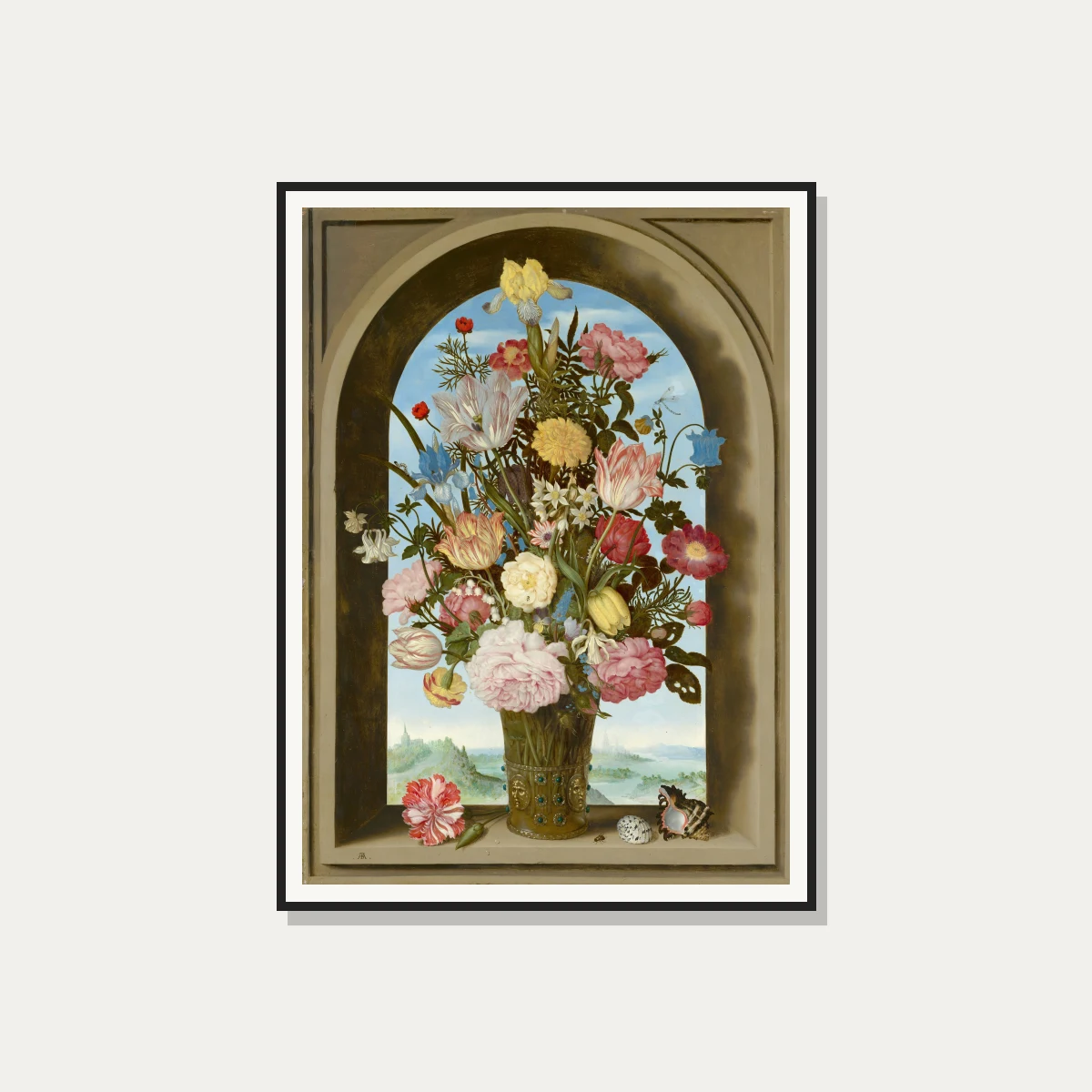 A detailed 17th-century Dutch still life painting of colorful flowers in a decorated vase inside a stone window niche. — photo frame preview | PrintPosters.in