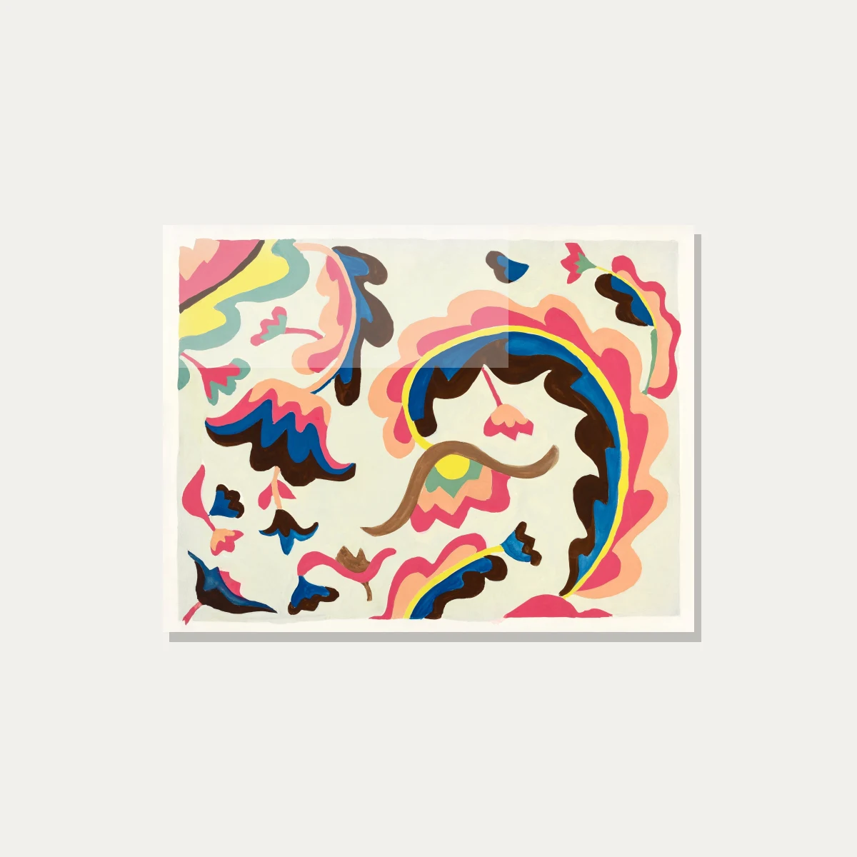 Vibrant abstract folk art painting showing colorful pink, blue, yellow, and brown botanical motifs on light background. — acrylic preview | PrintPosters.in