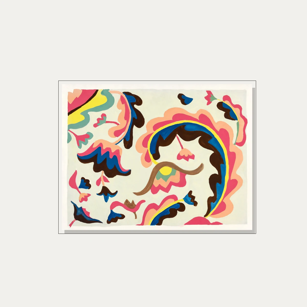 Vibrant abstract folk art painting showing colorful pink, blue, yellow, and brown botanical motifs on light background. — floater frame preview | PrintPosters.in