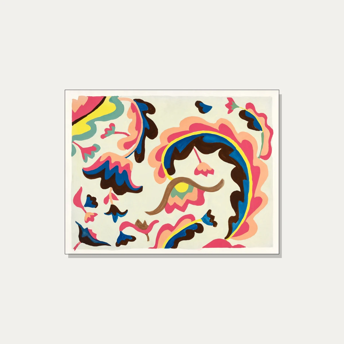 Vibrant abstract folk art painting showing colorful pink, blue, yellow, and brown botanical motifs on light background. | PrintPosters.in