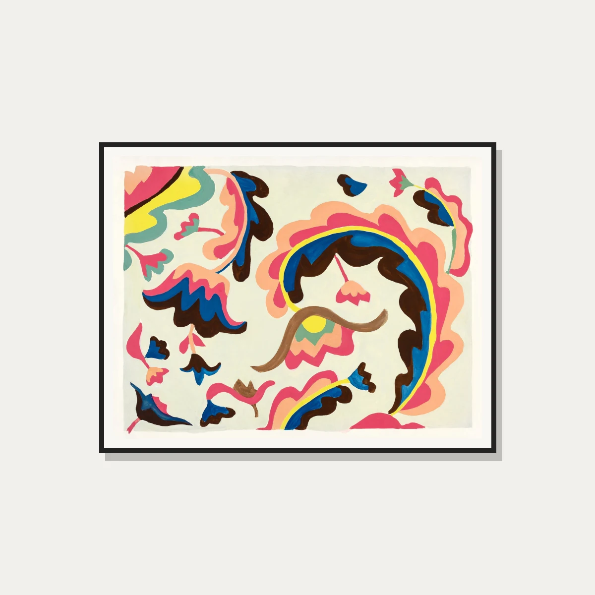 Vibrant abstract folk art painting showing colorful pink, blue, yellow, and brown botanical motifs on light background. — photo frame preview | PrintPosters.in