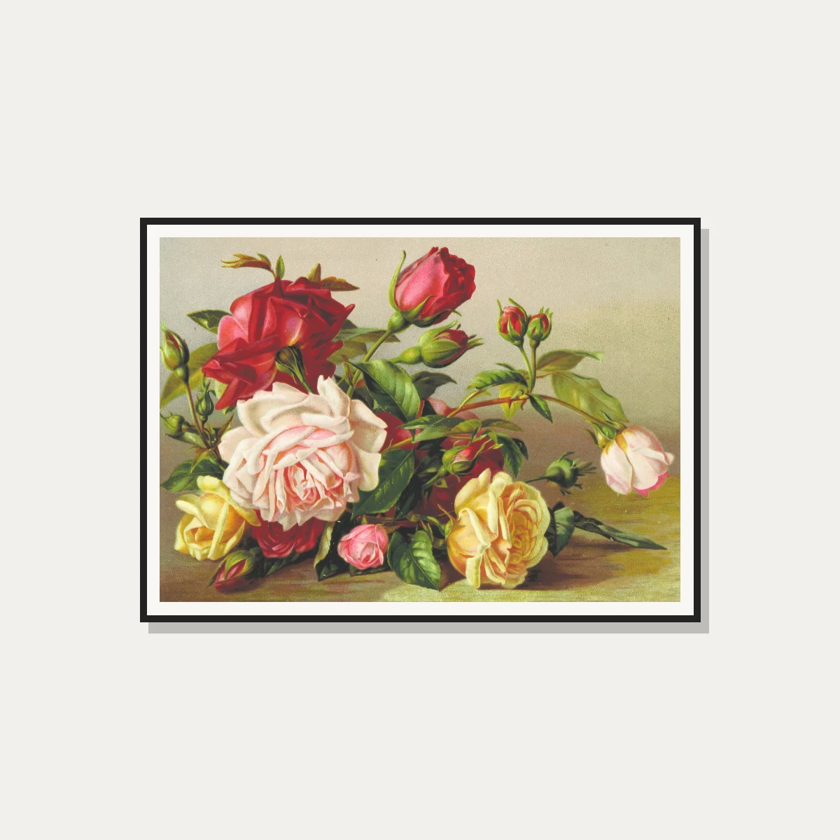 Vintage botanical illustration featuring a cluster of red, pink, and yellow roses with green leaves. — photo frame preview | PrintPosters.in