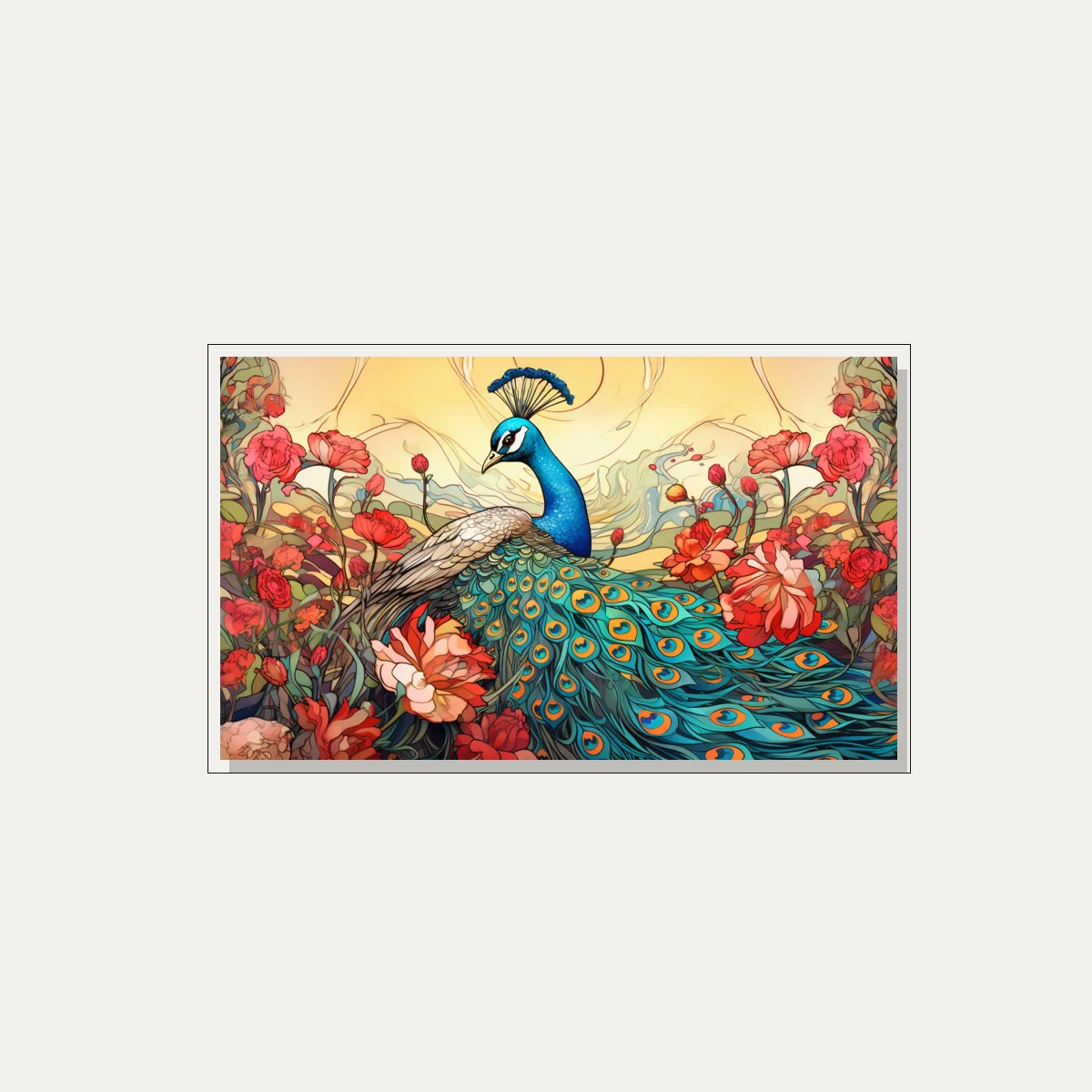 Art Nouveau Peacock and Roses Canvas Print wall art print — floater frame preview | PrintPosters.in