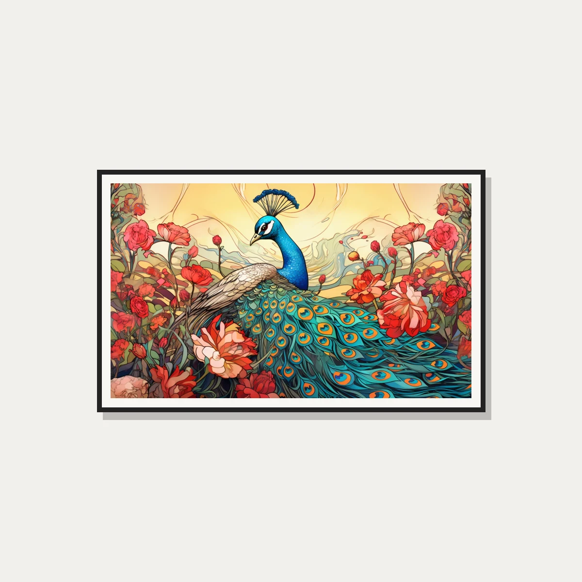 Art Nouveau Peacock and Roses Canvas Print wall art print — photo frame preview | PrintPosters.in