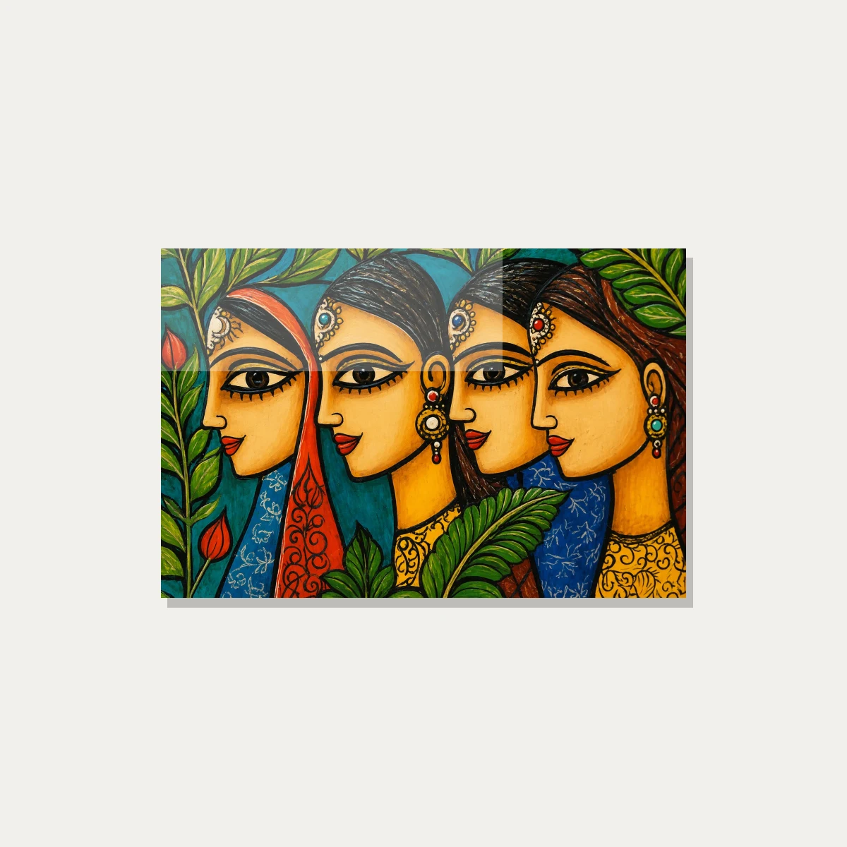Vibrant Indian Women Folk Art Portrait Canvas wall art print — acrylic preview | PrintPosters.in