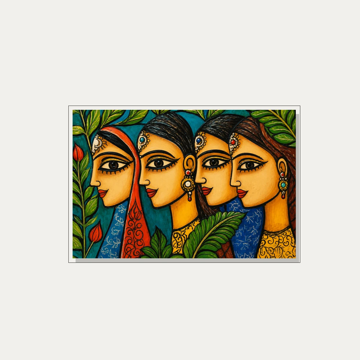 Vibrant Indian Women Folk Art Portrait Canvas wall art print — floater frame preview | PrintPosters.in