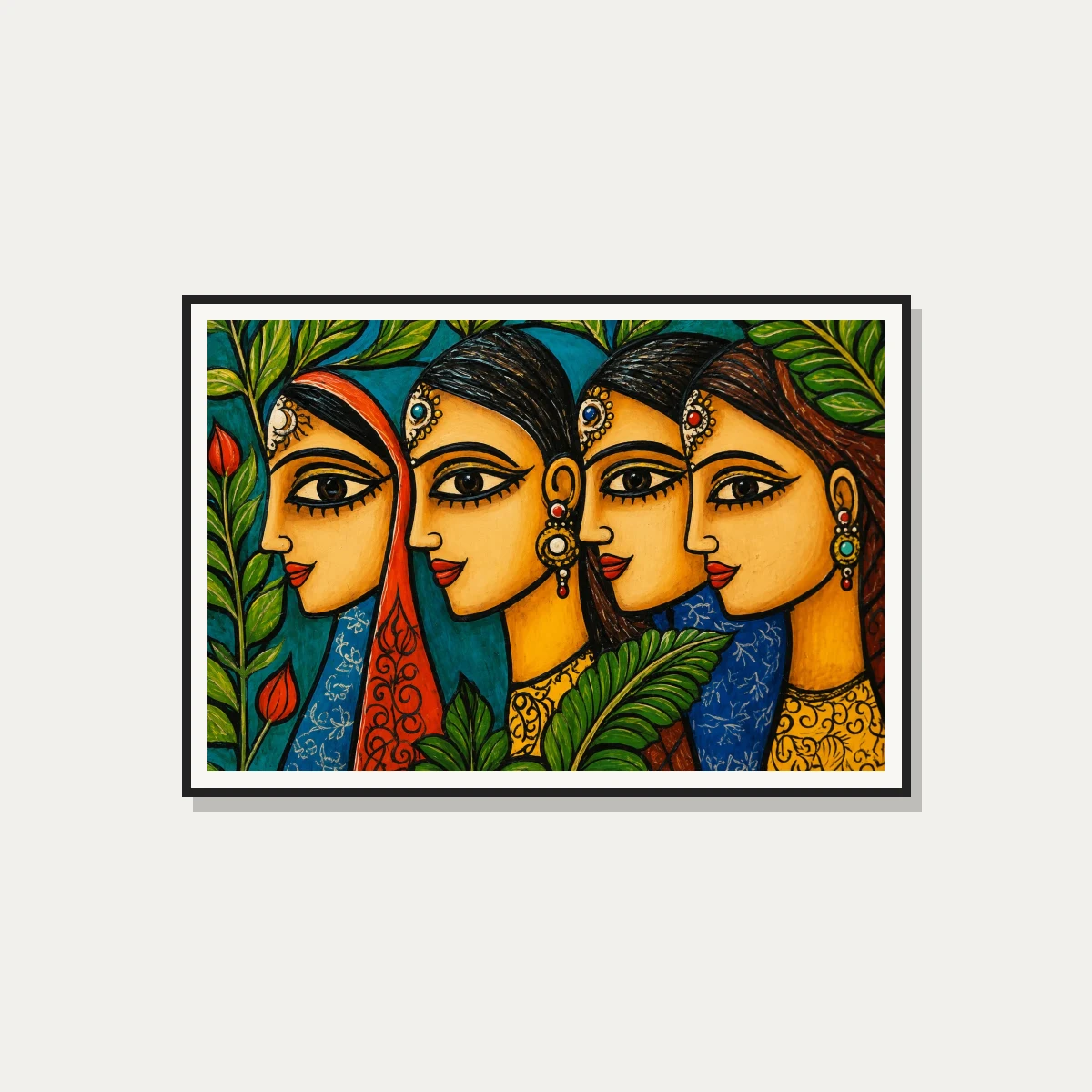 Vibrant Indian Women Folk Art Portrait Canvas wall art print — photo frame preview | PrintPosters.in