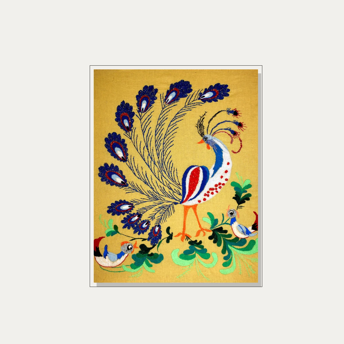 Folk Art Peacock Embroidery Canvas Print wall art print — floater frame preview | PrintPosters.in