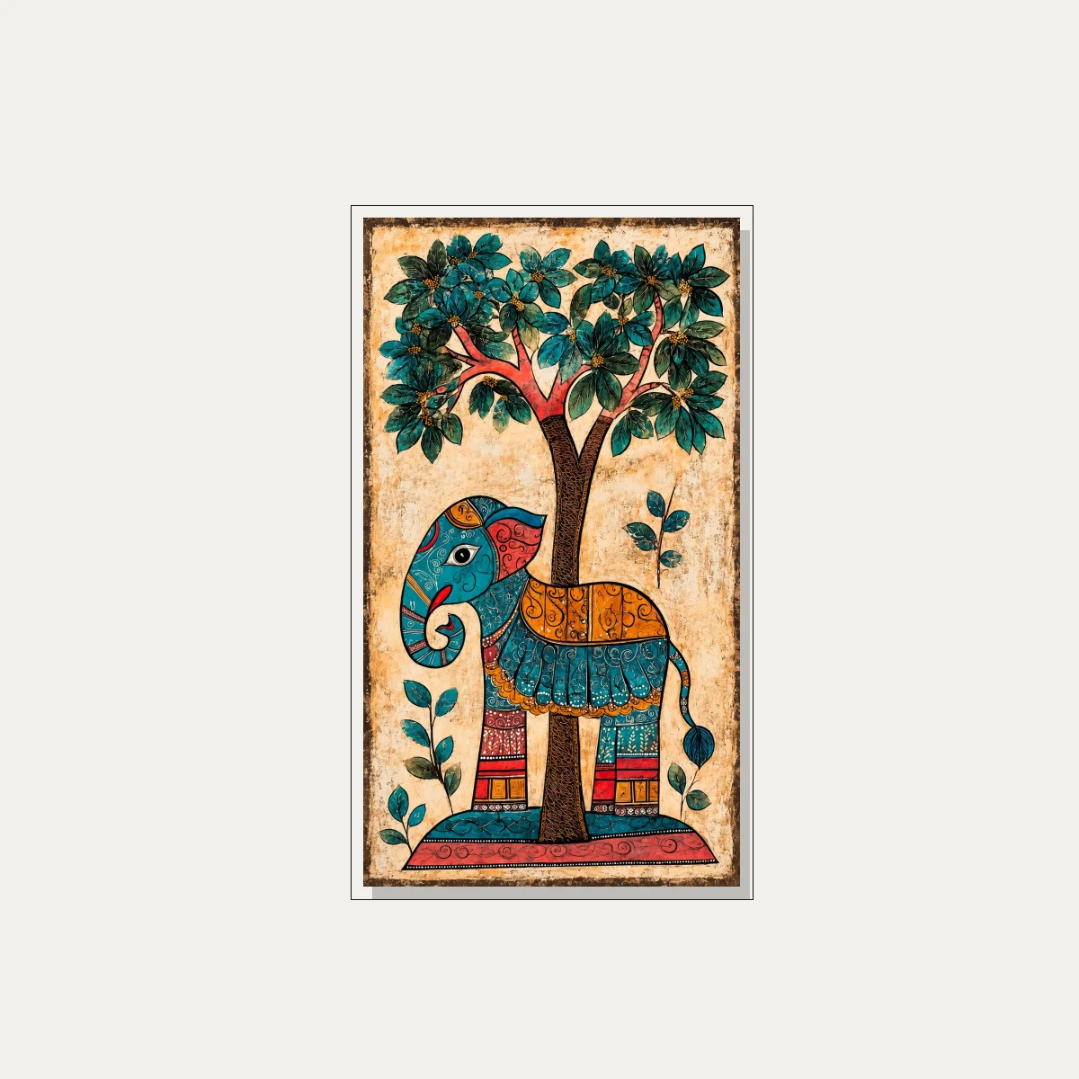 Madhubani Style Elephant Painting Canvas wall art print — floater frame preview | PrintPosters.in