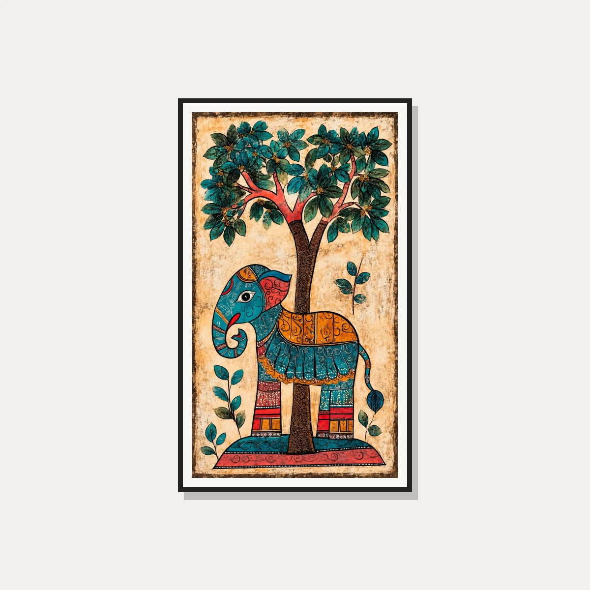 Madhubani Style Elephant Painting Canvas wall art print — photo frame preview | PrintPosters.in
