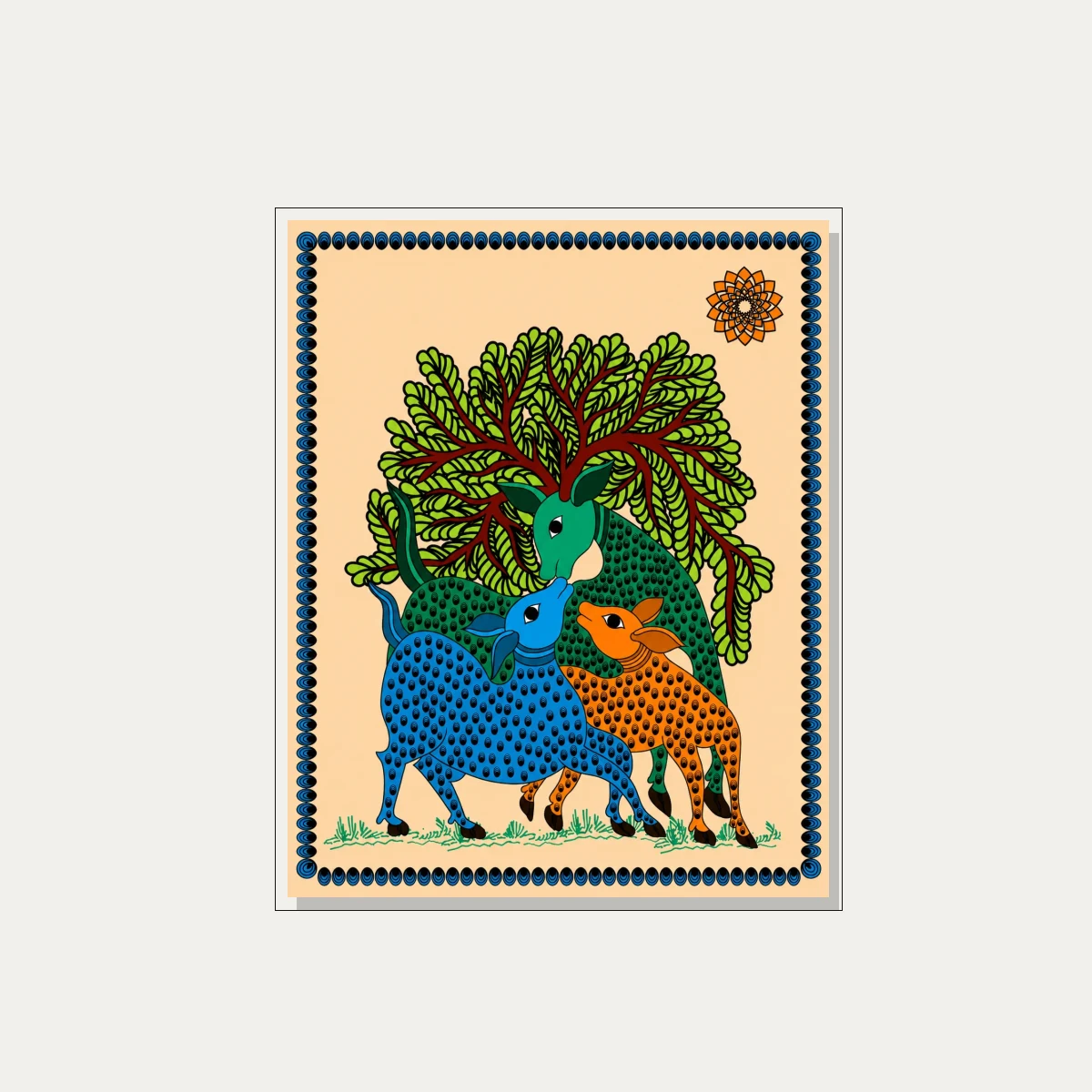 Colorful Madhubani Deer Painting Canvas wall art print — floater frame preview | PrintPosters.in